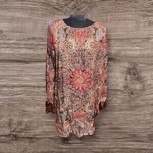 Vanessa Riley 100% Silk Metallic Gold Thread Print Shift Dress Bell Sleeve L NWT